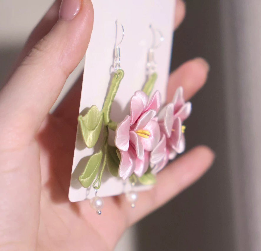 Handcrafted Chanhua Silk Flower Earrings with 925 Silver Hooks