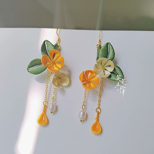 Handmade Chanhua Flower Earrings - 925 Silver Hooks, Freshwater Pearls