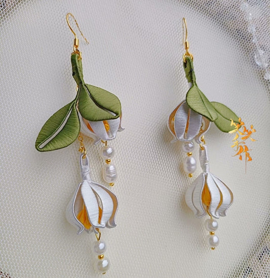 Handcrafted Chanhua Flower & Pearl Drop Earrings - 925 Silver Hooks