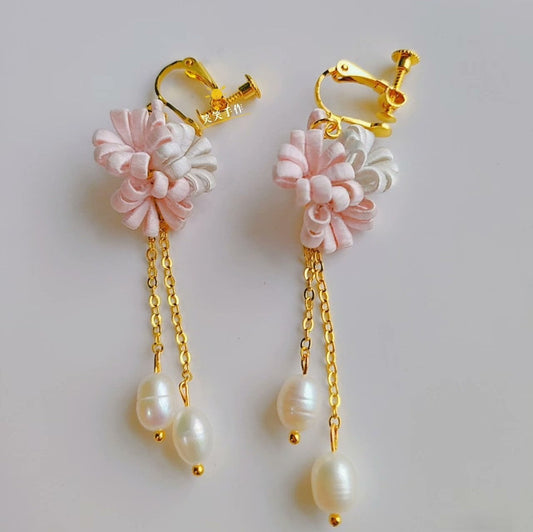 Handmade Chanhua Flower & Pearl Dangle Earrings - 925 Silver Hooks