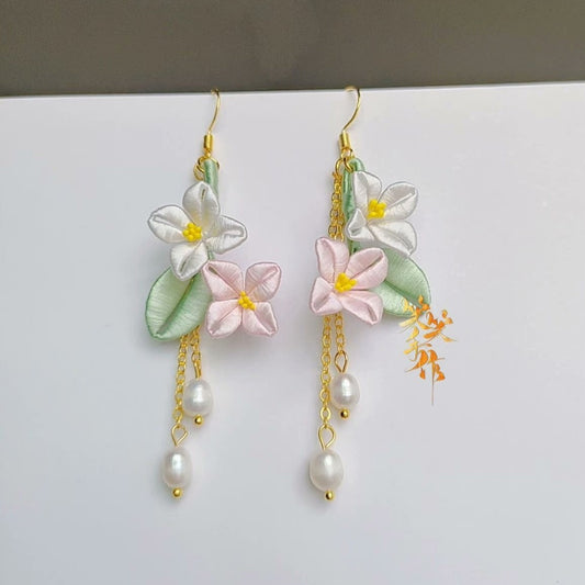 Handcrafted Chanhua Flower & Pearl Dangle Earrings - 925 Silver Hooks