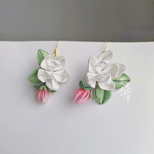 Handcrafted White Chanhua Flower & Bud Sterling Silver Drop Earrings | Elegant Everyday & Occasion Wear
