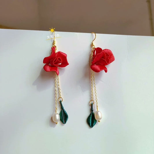 Handmade Chanhua Red Rose & Freshwater Pearl Dangle Earrings - 925 Silver Hooks