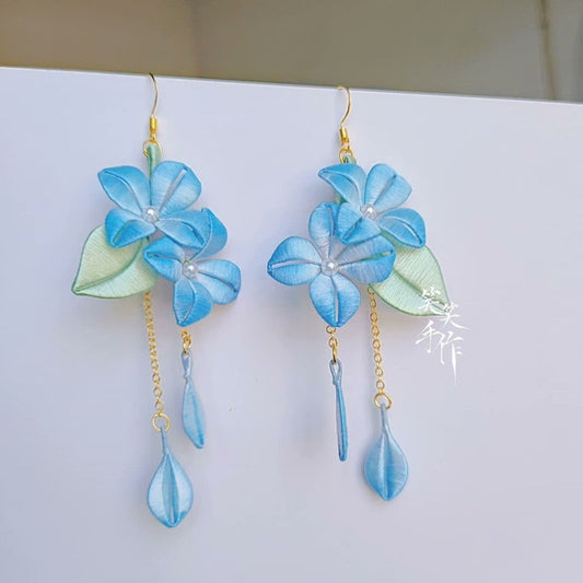 Handcrafted Blue Chanhua Flower Earrings - 925 Silver Hooks | Elegant Dangle Drop Jewelry