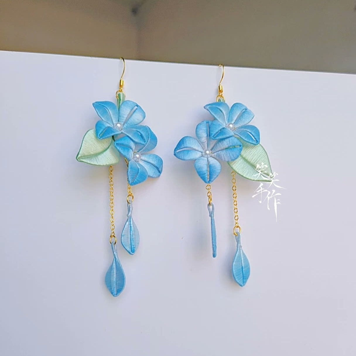 Handcrafted Blue Chanhua Flower Earrings - 925 Silver Hooks | Elegant Dangle Drop Jewelry