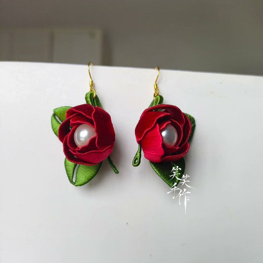 Handcrafted Chanhua Rose & Pearl Drop Earrings - 925 Silver Hooks