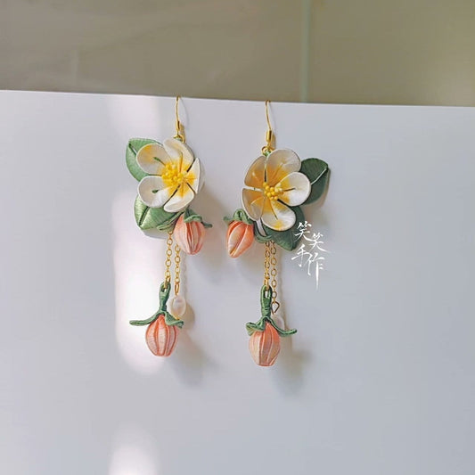 Handcrafted Camellia (Chanhua) Sterling Silver Earrings with Natural Pearls - Versatile for Any Occasion