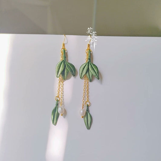 Handcrafted Chanhua Bamboo Leaves & Pearl Drop Earrings - 925 Silver Hooks
