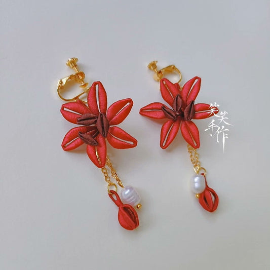 Handcrafted Chanhua Flower & Pearl Dangle Earrings - 925 Silver Hooks