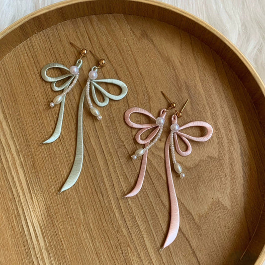 Handcrafted Chanhua Butterfly Ribbon & Pearl Earrings - 925 Silver Hooks
