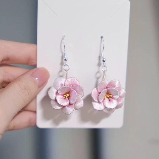 Handmade Camellia Flower Dangle Earrings - 925 Sterling Silver Hooks