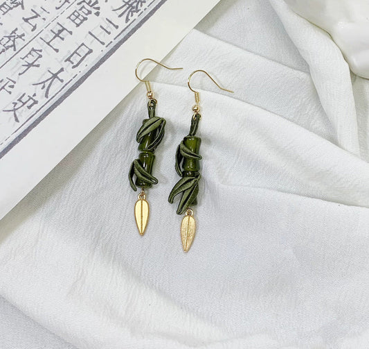 Handmade Sterling Silver Bamboo & Leaf Dangle Earrings