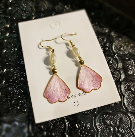 Handmade Silk Ronghua Petal Dangle Earrings with Pearl Accent