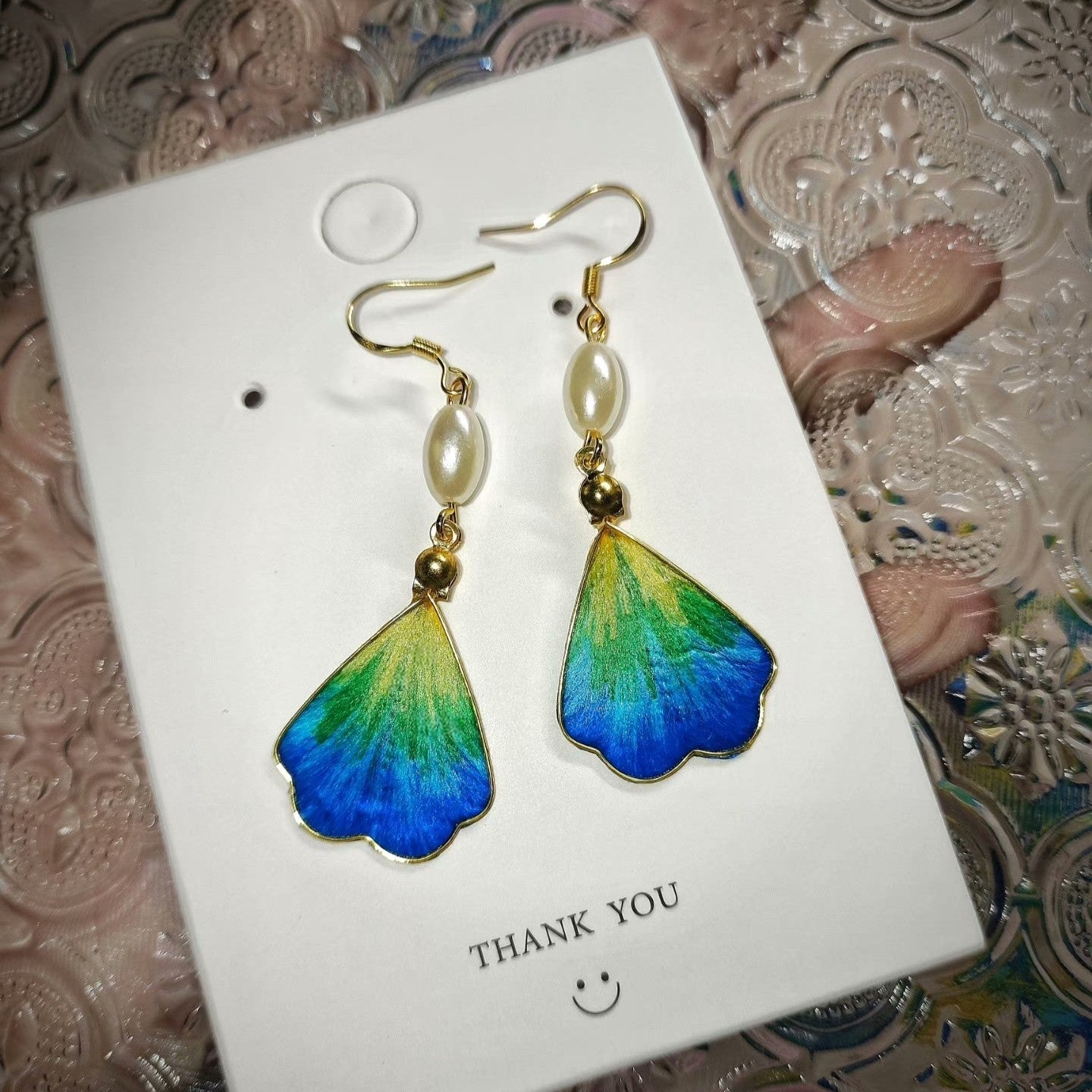 Handmade Silk Ronghua Petal Dangle Earrings with Pearl Accent